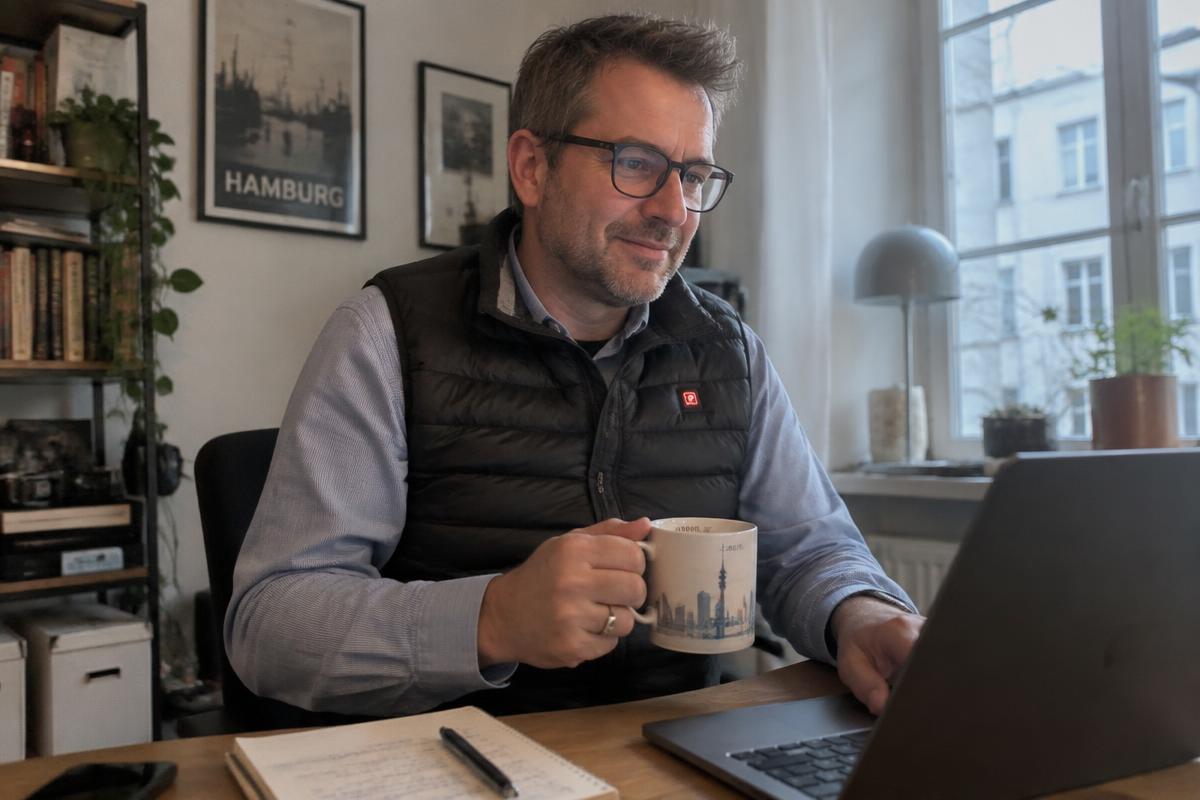 Mann mit beheizter Weste am Schreibtisch im kühlen Homeoffice