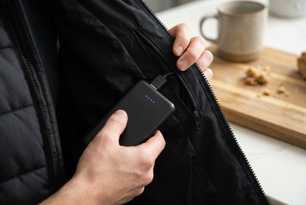 Beheizte Weste neben einer USB-Powerbank